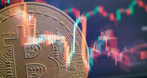 Bitcoin mit Handelsdiagramm Finanzanlagekonzept Bitcoin-Mining Finanzmanagementkonzept Geldhandel Digitaler Handel