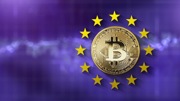 Bitcoin moeda de ouro com estrelas da união europeia no fundo ultravioleta da tela borrada da programação de negociação. regulamentação e venda de bitcoins a nível da ue. conceito de negociação de criptomoeda. ca