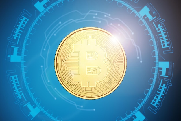 Bitcoin moneda en un fondo azul Bitcoin en un fondo tecnológico Bitcon en el medio de la composición renderizado en 3D