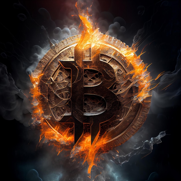 Bitcoin moneda en llamas criptomoneda quema épico fondo de ilustración 3d