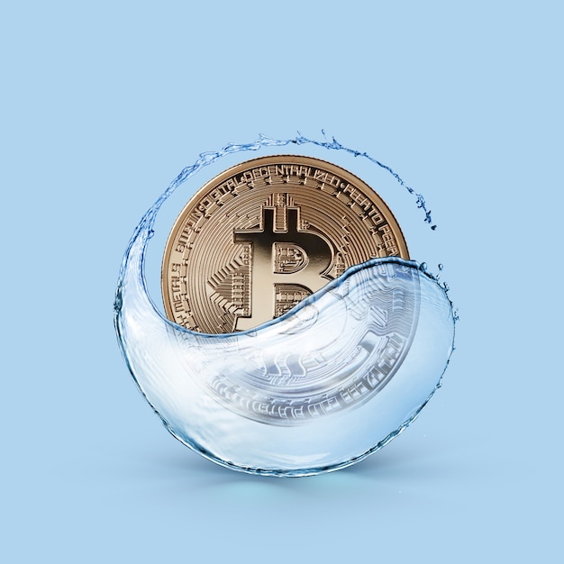 Bitcoin moneda de oro en un chorrito de agua sobre un fondo azul.