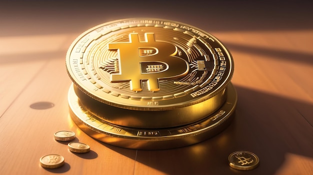bitcoin y monedas en la mesa de madera