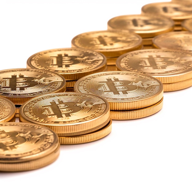 Bitcoin muchas monedas de oro idénticas en fila sobre un fondo blanco criptomoneda financiera