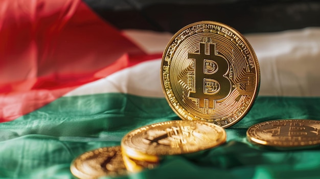 Bitcoin-Münze auf der palästinensischen Flagge für Webseiten-Desktop-Wallpapier