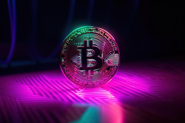 Bitcoin-Münze auf Neonhintergrund Kryptowährung Blockchain Hightech