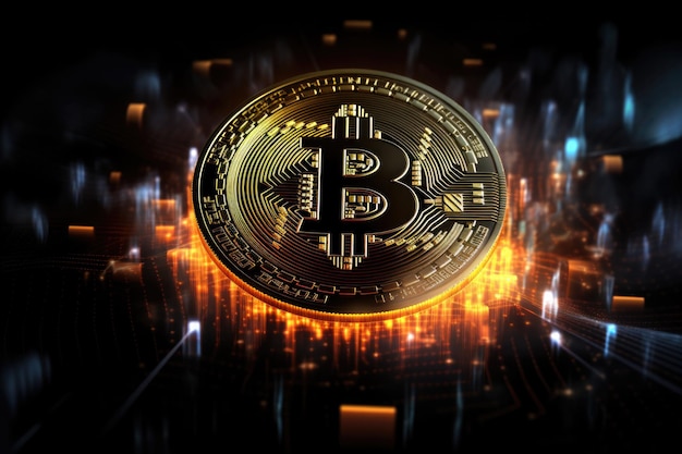 Bitcoin-Münze mit einem aufsteigenden Chart auf schwarzem Hintergrund