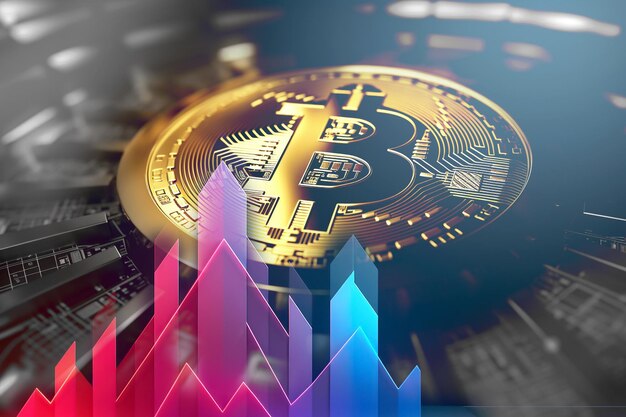 Bitcoin-Münze mit lila Chart-Hintergrund Virtuelles Kryptowährungskonzept Bitcoin-Nachrichtenkonzept KI-Generation