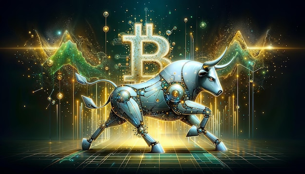 Bitcoin-Münze mit silbernem Roboterbull und Aktiendiagramm isoliert auf schwarzem Bullish-Markt von BTC