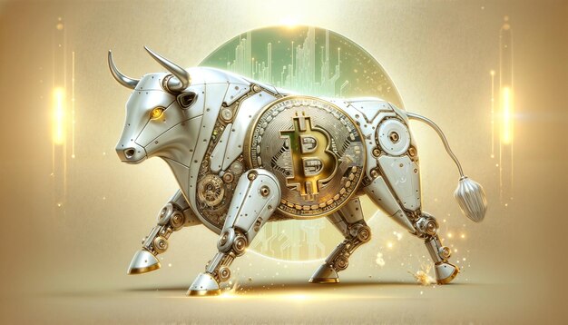 Bitcoin-Münze mit Silberrobot Stier Aktiengrafik auf hellem Hintergrund Bullish Markt von btc