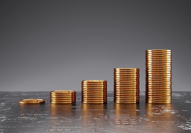 Foto bitcoin-münzen gestapeltes wachstumschart, handel mit dem kryptowährungsaustausch und finanzierung des geldsparkonzepts.