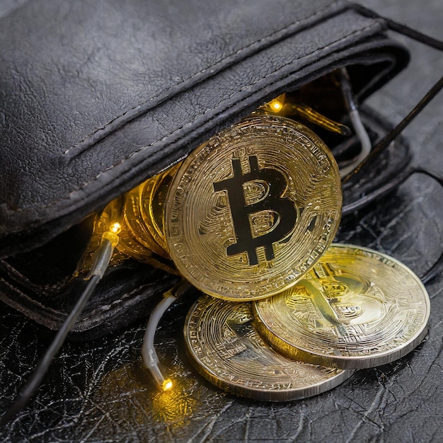 Foto bitcoin-münzen werden auf der innenseite und außenseite der schwarzen ledertasche platziert