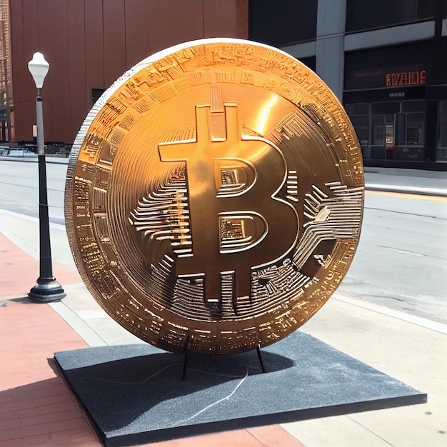 Bitcoin-Münzenskulptur in der Stadt BTC-Denkmal auf der Straße