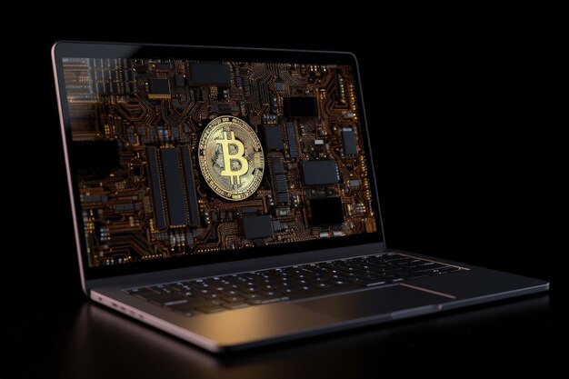 Bitcoin na tecnologia de tela de laptop e conceito de criptomoeda ilustração digital IA gerativa