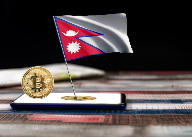 Bitcoin nepal auf der flagge von nepal. bitcoin-nachrichten und rechtslage im nepal-konzept.