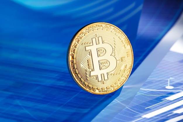 Bitcoin no fundo abstrato azul da finança. bitcoin cryptocurrency