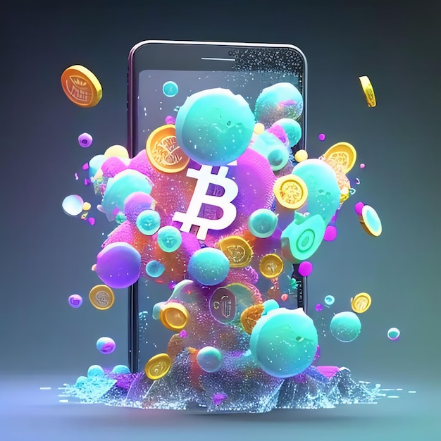 Bitcoin no smartphone Conceito de moeda criptográfica Ilustração 3D