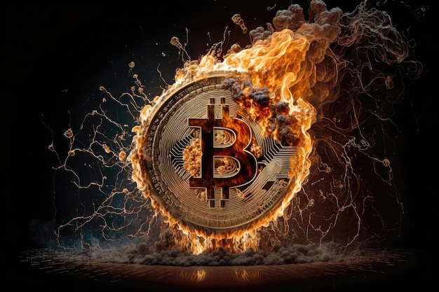 Bitcoin On Fire Schwarzer Hintergrund Generative KI