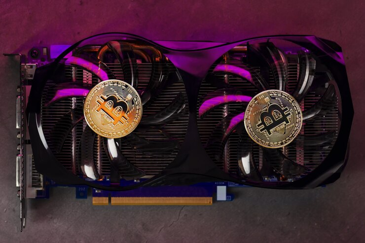 Foto bitcoin de oro en el enfriador de la tarjeta de video en una vista superior de superficie oscura