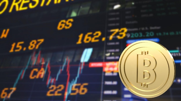 El bitcoin de oro en el fondo del gráfico para la representación 3d del concepto de negocio