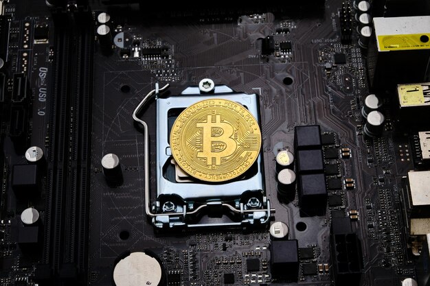 Bitcoin ouro em cima de uma placa-mãe de computador