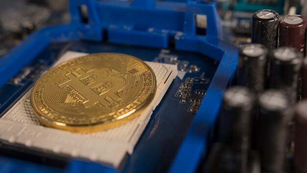 Bitcoin en la placa base. Moneda criptográfica Oro Bitcoin - BTC - Bit Coin.