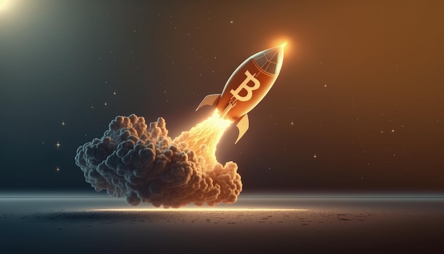 Bitcoin-Rakete hebt auf schwarzem Hintergrund ab