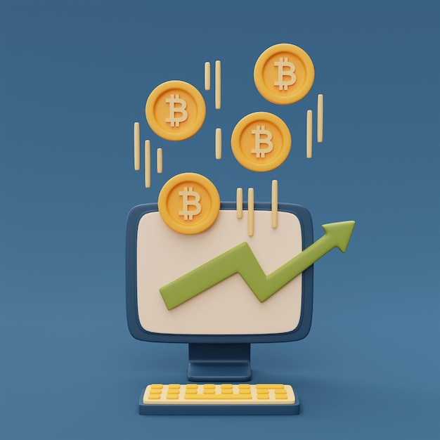 Bitcoin-Ratenerhöhungsstatistik auf dem Computer-Desktop-Bildschirm mit grünem Pfeil und Goldmünze Cryptocurrencyonline-Handelsdatenkonzeptminimales style3d-Rendering