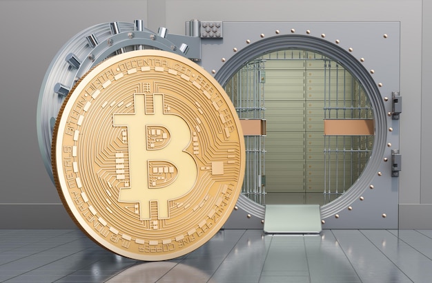 Bitcoin con renderizado 3D de bóveda bancaria abierta