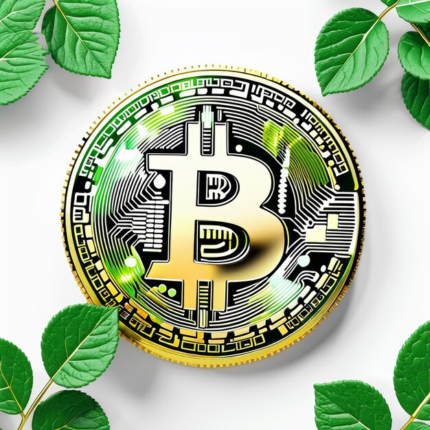 Bitcoin rodeado de hojas verdes