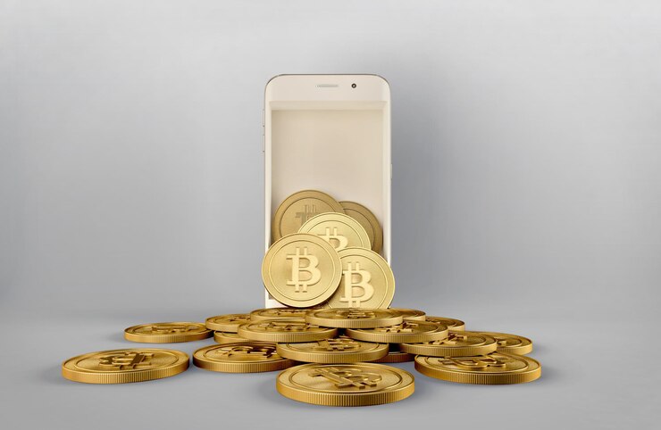 Bitcoin sale del concepto de teléfono inteligente para el comercio en línea