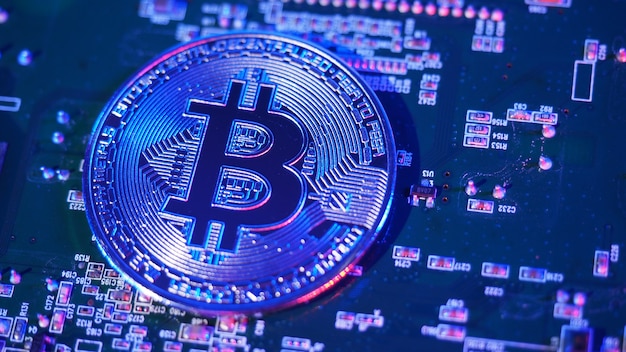 Bitcoin y semiconductores. Representar la minería en criptomonedas causa el calentamiento global. Bitcoins en la placa de la CPU. Bitcoin de primer plano con luz azul y rosa. placa de circuito con moneda. Concepto de activos en línea.