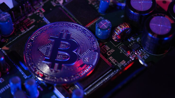 Foto bitcoin y semiconductores. representar la minería en criptomonedas causa el calentamiento global. bitcoins en la placa de la cpu. bitcoin de primer plano con luz azul y rosa. placa de circuito con moneda. concepto de activos en línea.