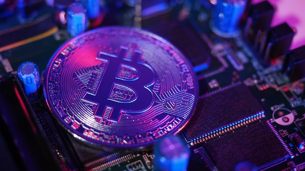 Bitcoin y semiconductores. Representar la minería en criptomonedas causa el calentamiento global. Bitcoins en la placa de la CPU. Bitcoin de primer plano con luz azul y rosa. placa de circuito con moneda. Concepto de activos en línea.