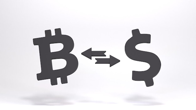 Bitcoin y signo de dólar Criptomoneda y concepto de conversión de dinero 3d render