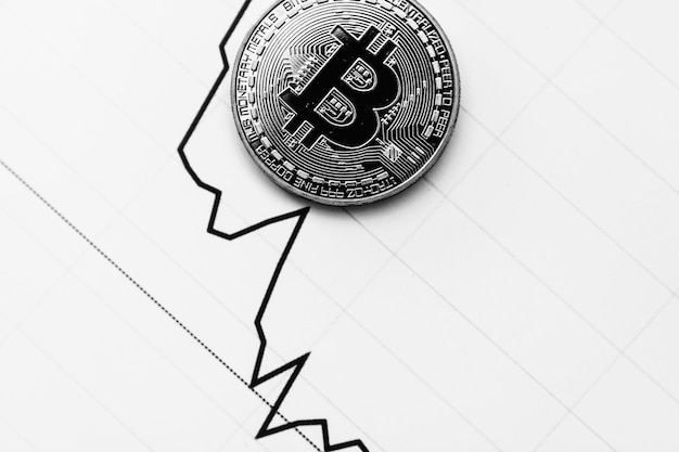 Bitcoin sobre un fondo blanco y negro Comercio de criptomonedas