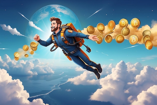 Bitcoin steigt in die Höhe Mann mit Jetpack fliegt nach oben mit Bitcoins im Himmel