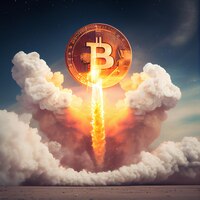 Foto bitcoin subindo lançamento de bitcoin btc indo para a lua em uma ilustração de foguete