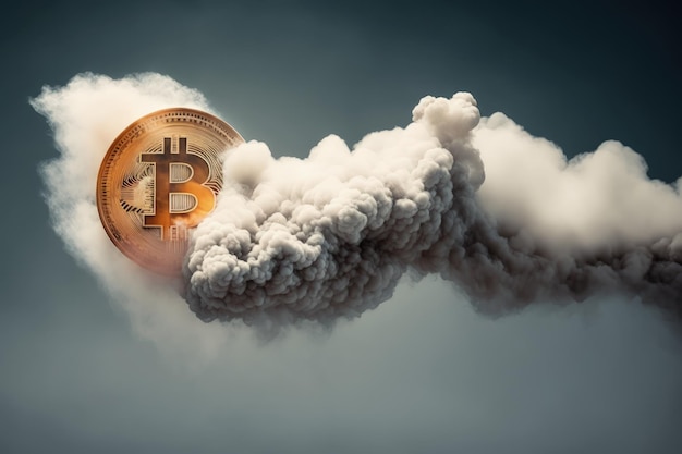 Bitcoin surgiendo del humo concepto de la aparición de las criptomonedas IA