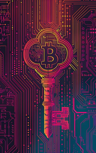 Bitcoin-Symbol als Schlüssel zum Freischalten einer digitalen Welt auf Illustration Kryptowährung Hintergrund