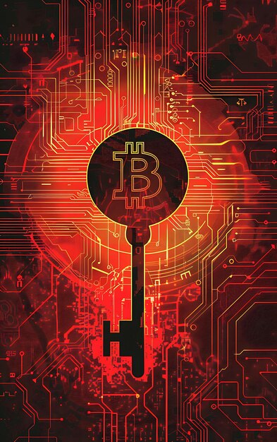 Foto bitcoin-symbol als schlüssel zum freischalten einer digitalen welt auf illustration kryptowährung hintergrund