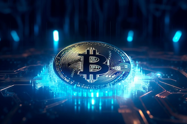 Bitcoin-Symbol Blockchain Kryptowährung digitale Verschlüsselungstechnologie globale Netzwerkverbindungen Hintergrundkonzept AI generiert