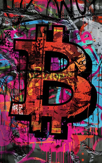 Bitcoin-Symbol gemischt mit Graffiti-Kunst und städtischen Elementen Illustration Kryptowährung Hintergrund