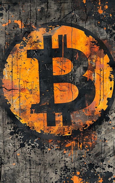 Bitcoin-Symbol in einem provokanten Kunststil auf einer textierten Dose Illustration Kryptowährung Hintergrundv