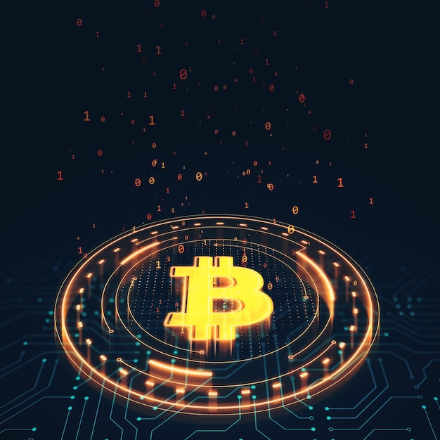 Bitcoin-Symbol leuchtet in einem digitalen Matrix-Hintergrund 3D-Rendering