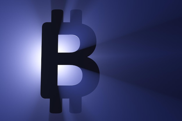 Bitcoin Symbol Silhouette Blauer Scheinwerfer im Hintergrund