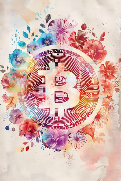 Bitcoin-Symbol umgeben von Aquarellblumen auf einer Aquarell-Illustration Kryptowährung Hintergrund