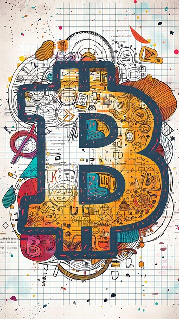 Foto bitcoin-symbol umgeben von doodles und illustrationen auf einem illustrierten kryptowährungs-hintergrund