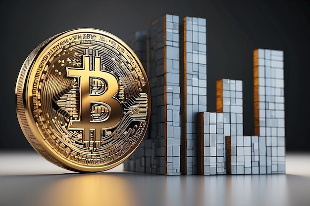 Bitcoin-Symbol und Geschäftsdiagramm Dies ist ein 3D-Rendered-Computer-generiertes Bild, das auf Weiß isoliert ist.