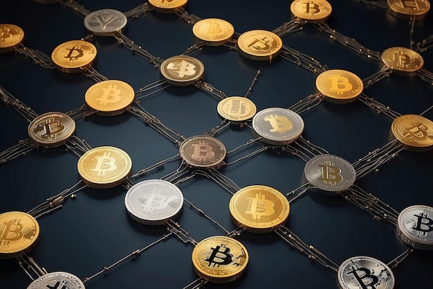 Foto bitcoin y tecnología blockchain transferencia de dinero de un usuario a otro y validación de la red