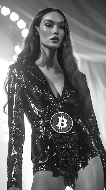 Foto bitcoin-themen-mode-show mit models, die bitcoin tragen insp foto von trending poster hintergrund